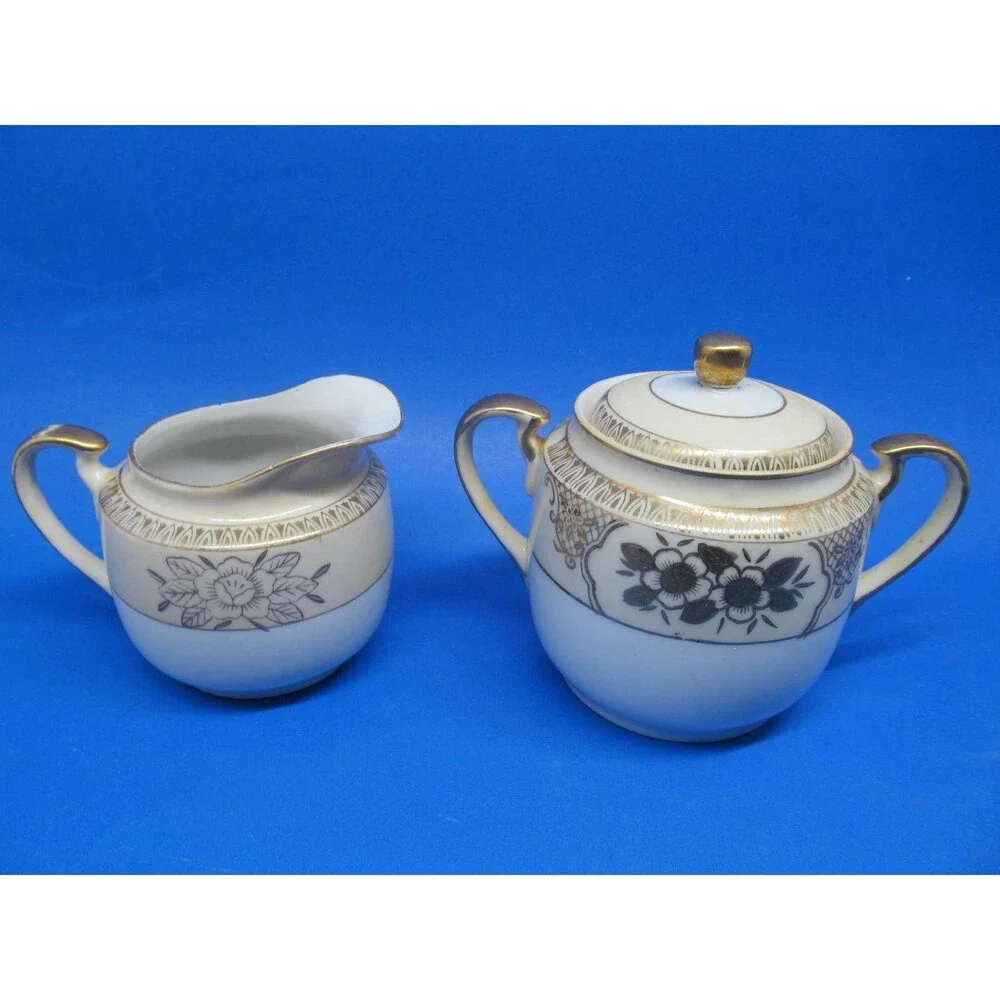 Chikaramachi Japan Vintage Covered Sugar And Creamer Set CHK3 Pattern Gold Trim